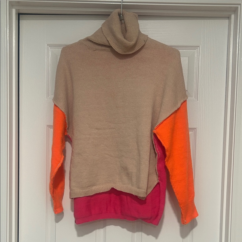 Colorblock Turtleneck Sweater in Beige, Orange & Pink